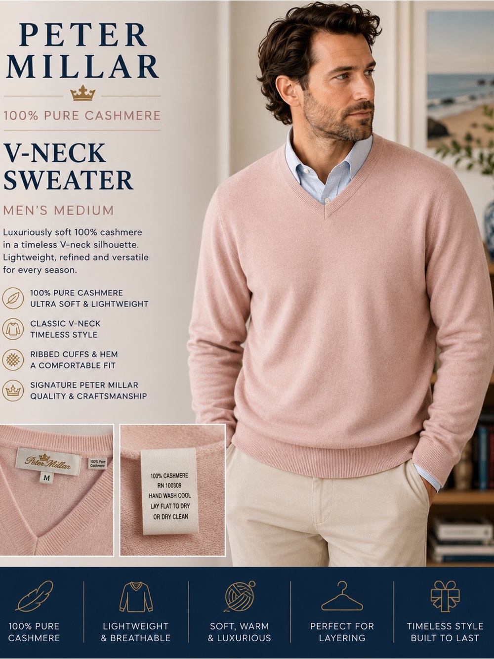 Peter Millar Men’s M Pink 100% Pure Cashmere V-Neck Sweater Pullover Luxury